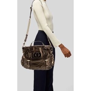 Badgley Mischka Black Leather Shoulder Crossbody Gold Accent Hobo Bag